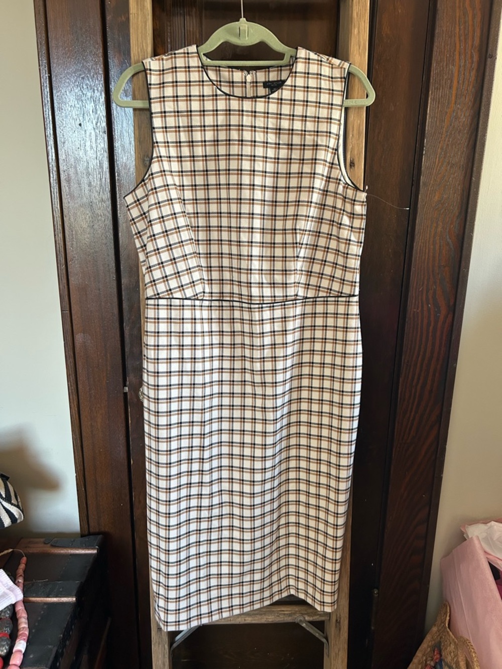 Ann Taylor Sleeveless Plaid Midi Dress in Cream & Brown, faux leather trim, 12p